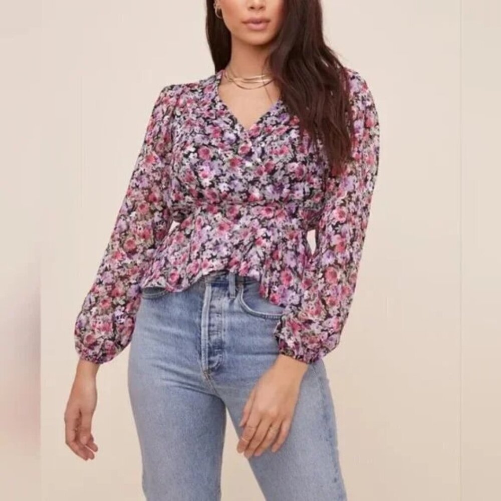 Astr the Label Black Lilac Floral Peplum Wrap Blouse.  Size XS.